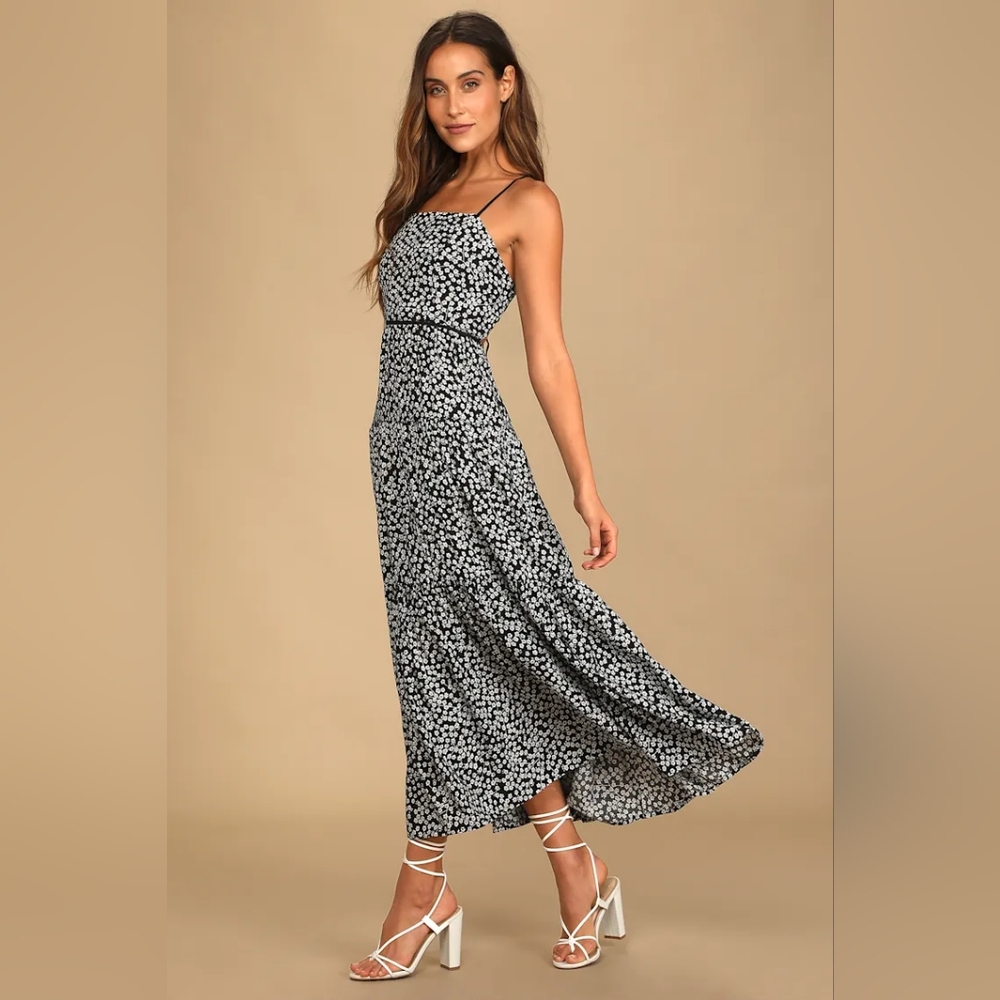 Lulus Kind Heart Black Floral Print Tiered Lace-Up Maxi Dress ~Small
